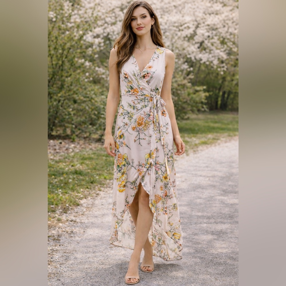 Leith FloralSleeveless Tie Waist Wrap Maxi Dress